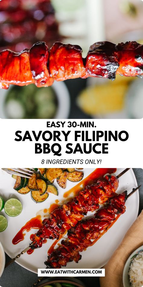 Get the authentic taste of Filipino BBQ with this sweet, tangy sauce. Ideal for fall grilling and back-to-school lunches. Save this pin and try the recipe for a flavorful twist! Filipino Bbq Sauce Recipe, Filipino Barbecue, Bbq Dipping Sauce, Filipino Bbq, Asian Bbq Sauce, Fall Grilling, Barbecue Sauce Recipe, Bbq Party Food, Filipino Street Food