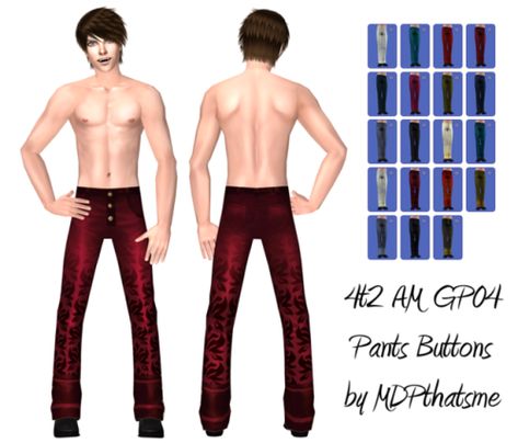 THIS IS FOR SIMS 2!4t2 AM GP04 Pants ButtonsNo morphs at this time.For Adult Males.Comes in both solids and pattern all EAxis colors.DOWNLOADCredits: EAxis and Yuxi Sims 2 Male Cc, Sims 3 Male Clothes, The Sims 2 Cc Clothes Male, Sims 2 Cc Tops, Sims 2 Vampire, Sims 2, Sims 4, Hair Hair, Mens Outfits