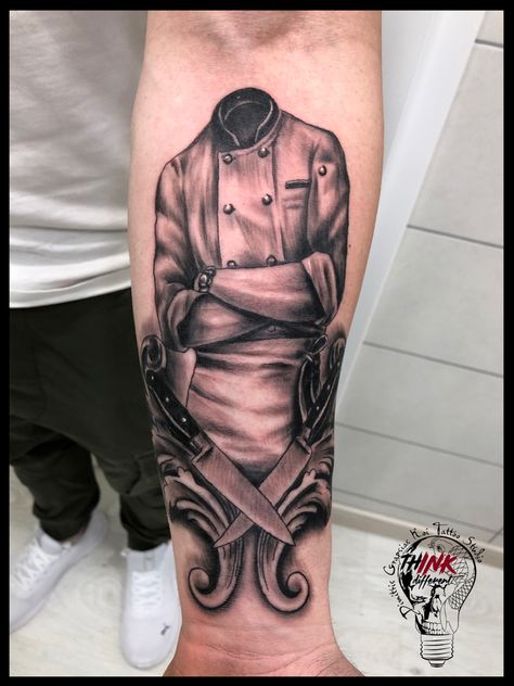 Chef Tattoo Ideas For Men, Chef Tattoo Design, Chris Tattoo, Clock Tattoo Sleeve, Culinary Tattoos, Samurai Tattoo Sleeve, Chef Tattoo, Food Tattoos, Knife Tattoo