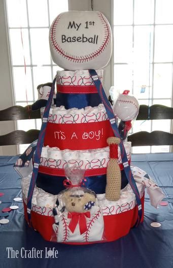 Baseball Diaper Cake – The Crafter Life Baseball Diaper Cake, Diaper Cake Instructions, Unique Diaper Cakes, Diaper Cake Centerpieces, Baby Decor Diy, Red Socks Fan, Baby Diaper Cake, Homemade Baby Foods, Baby Shower Diapers