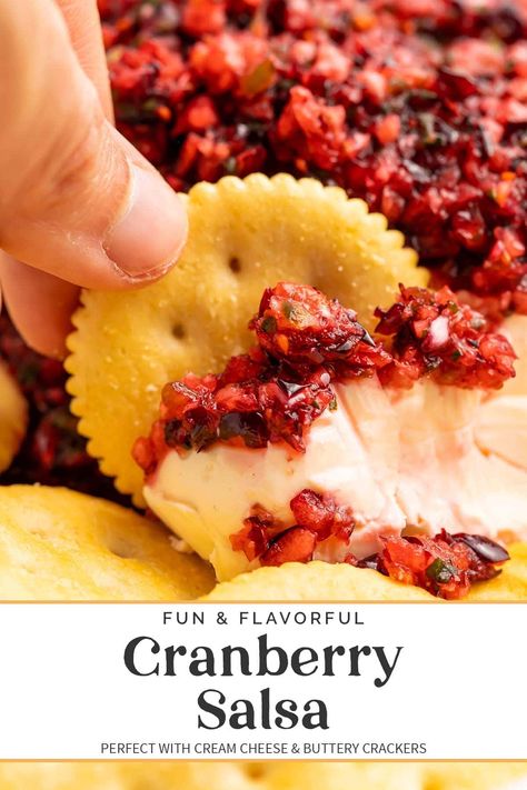 Cranberry salsa is such a deliciously fun and flavorful holiday appetizer or condiment, which we love spooned over cream cheese and served with crackers. This quick and easy recipe only takes about 5 minutes to make, and your friends and family will devour it! Fast Appetizers Easy, Cranberry Appetizer, Cranberry Cream Cheese Dip, Crackers Appetizers, Cream Cheese Appetizer, Cranberry Salsa, Family Snacks, Cranberry Cream Cheese, Cranberry Cheese