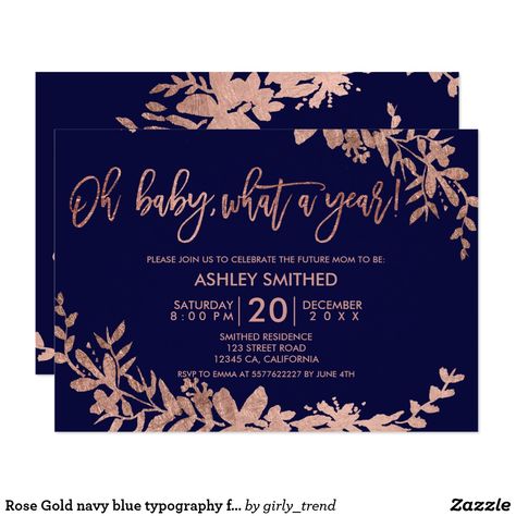 Rose Gold navy blue typography floral baby shower Invitation Rose Gold typography leaf floral navy blue chic hand painted foliage baby shower party. The navy blue color background is fully customizable. Oh Baby what a year! Green Baby Shower Invitations, Blue Baby Shower Invitations, Rose Gold Invitations, Chic Baby Shower, Gold Typography, Green Baby Shower, Baby Shower Card, Baby Shower Decorations For Boys, Floral Baby Shower Invitations