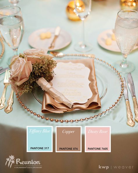 Wedding Color Palette: Blue, Copper & Rose | Photo by Kristen Weaver Photography | www.ReunionResort.com/WeddingBlog | #ReunionResort #OrlandoWedding #ColorPalette Rose Gold Table Setting, Blue Color Palette Wedding, Elegant Wedding Colors, Gold Table Setting, Rose Gold Table, September Colors, Palette Blue, Rose Gold Kitchen, Tiffany Blue Wedding