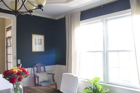 My Favorite Dark Blue Wall Color, A Year Later Sw Inkwell, Dark Blue Wall Color, Blue Wall Color, Blue Wall Colors, Neutral Curtains, Dark Blue Walls, Dining Room Blue, Brown Cabinets, Types Of Cabinets