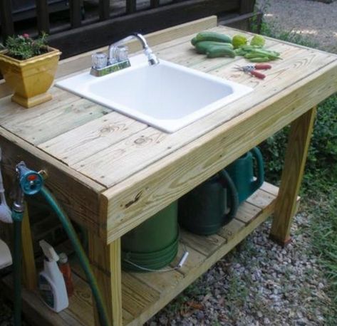 55 DIY Garden Sink Designs, Convenient Outdoor Utility Sinks Fried Okra Recipe, Potting Bench With Sink, Greenhouse Benches, Potting Bench Ideas, Outside Sink, Outdoor Kitchen Sink, Potting Station, Outdoor Potting Bench, Okra Recipe