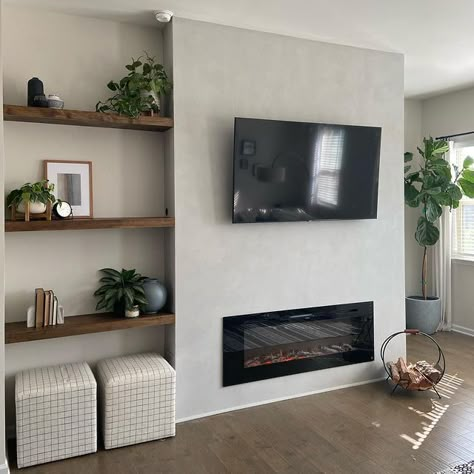 Tv Simple Wall Design, Cement Electric Fireplace, Living Room Tv Wall With Electric Fireplace, Diy Tv Built In Wall, Small Fireplace Wall, Tv Chimney Wall, Floating Shelves Fireplace Surround, Fireplace With Shelves On Each Side, Tv On Chimney Wall