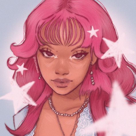 Pink People Art, Textured Digital Art, Pink Girl Drawing, Unique Art Styles Inspiration, Pink Hair Oc, Black People Art, Digital Art Inspiration, Profil Anime, Drawing Digital