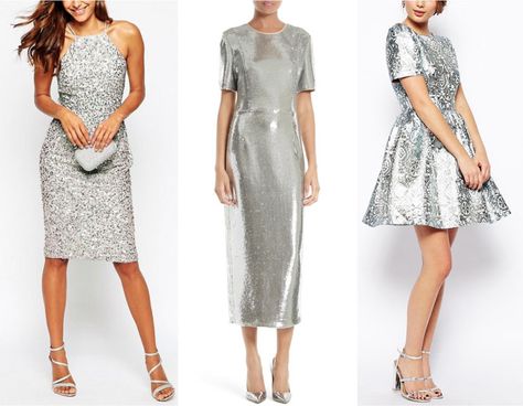 Silver shoes with silver dress & more shoes to wear with a silver dress Silver Or Grey Dress, Silver Cocktail Dress Short, Silver Sparkle Dress Outfit, Silver Dress Gold Accessories, Accessories For Silver Dress, Shoes For Silver Sequin Dress, Silver Dress Accessories Ideas, Shoes For Silver Dress, Silver Cocktail Dress Classy