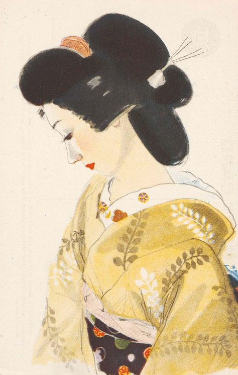 Postcard, Artist unknown, Japanese Woman in Yellow Kimono Showa era Yellow Kimono, Showa Era, Japanese Aesthetic, Yellow Aesthetic, Museum Of Fine Arts, Japanese Women, Mocha, Mood Board, Fine Art