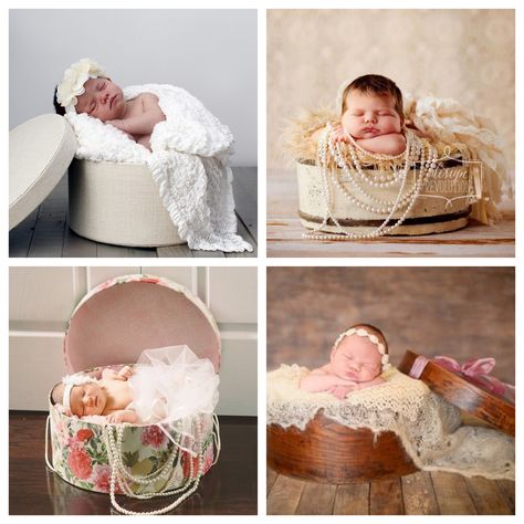 Newborn Photo In Basket, Newborn Photo Bed Prop, Newborn Photography In Basket, Newborn Pearls Photo, Newborn Lace Photography, Picture Props, Hat Boxes, Newborn Shoot, Hat Box