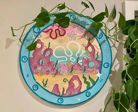 Circle Window Painting, Painting On Circle Canvas, Circular Canvas Art, Spongebob Window, Relaxing Drawing, Spongebob Painting, Circle Canvas, Small Canvas Paintings, Creative Drawing Prompts