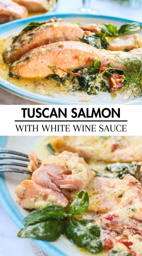 Healthy Tuscan salmon with creamy sauce, a perfect salmon recipe for a tasty seafood dinner and healthy fish dinner. A must-try salmon dish!tuscan salmon. White Wine Salmon Recipes, Creamy Tuscan Salmon, Tuscan Salmon Recipe, Tuscan Salmon, Creamy White Wine Sauce, Fresh Herb Recipes, Salmon Spinach, White Wine Sauce, Herb Recipes