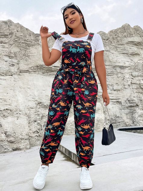 Multicolor Casual Collar Sleeveless Woven Fabric All Over Print,Dinosaur Overall Embellished Non-Stretch  Women Plus Clothing Dinosaur Outfit Women, Dinosaur Clothes Women, Funky Overalls, Plus Size Overalls Outfit, Fun Overalls, Dinosaur Overalls, Purple Overalls, Dino Outfit, Dinosaur Clothes