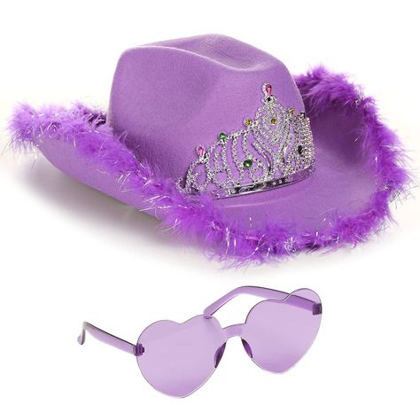 PRICES MAY VARY. ALL-INCLUSIVE COWGIRL SET: Embrace your inner cowgirl with our complete set, featuring a fur-rimmed, purple cowboy hat with a tiara and preppy heart-shaped glasses. Perfect for those aspiring rodeo princesses, these accessories will turn any outfit into a cowgirl costume. CAPTIVATING HEART-SHAPED GLASSES: Our premium, captivating heart-shaped glasses are the perfect addition to your cowboy outfit. Adored by kids and adults alike, these glasses are designed to fit most sizes and Fluffy Cowgirl Hat, Princess Cowboy Hat, Purple Cowboy Hat, Cowgirl Dress Up, Girls Cowboy Hats, Space Cowgirl Costume, Preppy Hat, White Cowboy Hat, Rodeo Party