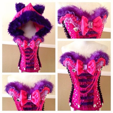 Mythical Outfits, Diy Corsets, Rave Inspiration, Rave Outfits Diy, Halloween Rave Outfits, Cheshire Cat Costume, Rave Bras, Rainbow Clothes, Rave Fits