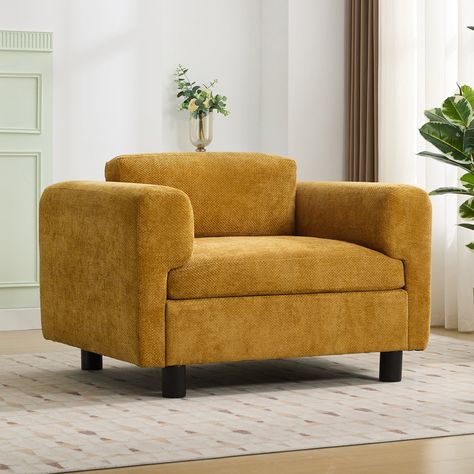 Transform your living area with our modern oversized armchair, crafted from luxurious woven velvet fabric. This chair is built with a solid wood frame combining real and engineered wood for enhanced durability. Yellow 4s, Orange Accent Chair, Velvet Wingback Chair, Oversized Armchair, Fabric Lounge Chair, Tufted Furniture, Comfy Accent Chairs, Lounge Chairs Living Room, Yellow Chair