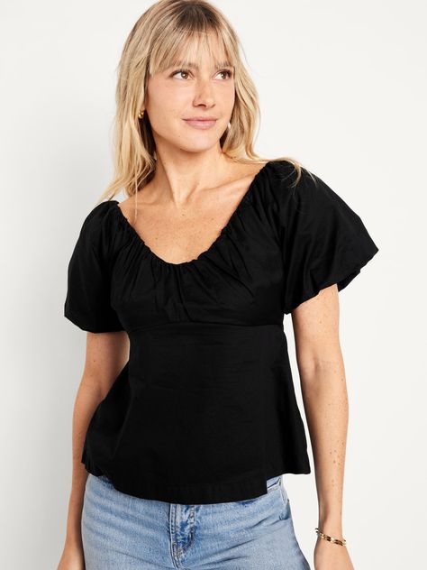 soft v-neck short sleeves seamed empire waist smocked back shirred detail semi fitted hits below waist models are approx.  5'9" and wear sizes s (4), l (12), and xl (18) Tummy Friendly Outfits, Empire Waist Top, Seersucker Top, Random Clothes, Empire Waist Tops, Wardrobe Goals, Office Casual Outfit, Office Outfits Women, Womens Business Casual