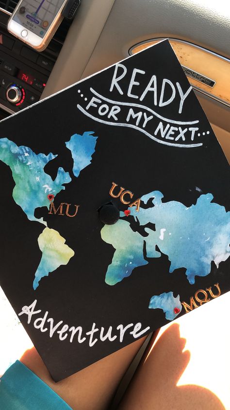 Graduation cap ideas ! Ready for my next adventure #studyabroad #graduationcap #wanderlust Title Ideas For Graduation, Geography Graduation Cap, Travel Graduation Cap, Ideas For Graduation Caps, Cap Inspiration, Creative Graduation Caps, Graduation Cap Ideas, College Grad Cap Ideas, Graduation Cap Decoration Diy