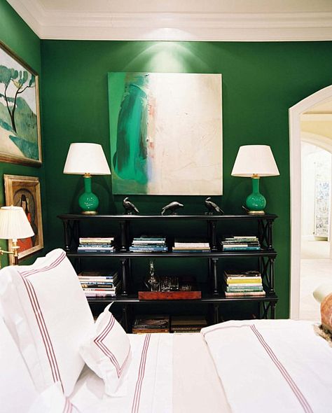 Dazzling Jewel-Toned Decor - Decoist. this would look good for your living room. You could do a painting like that. Love the green lamps. Black accents with pops of white and gold will look great. Emerald Green Rooms, Emerald Green Paint, Emerald Green Bedrooms, Green Bedroom Walls, Green Wall Decor, Green Paint Colors, Green Walls, Bedroom Photos, Green Interiors