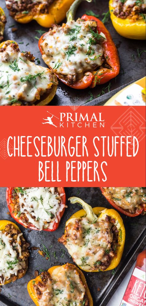 Bring the classic cheeseburger out from the grill and into the kitchen with fall-ready savory flavor. These easy stuffed bell peppers with ground beef are made in just 40 minutes and pair perfectly with your favorite grill condiments like ketchup and mustard...even if you make ‘em in the coziness of your kitchen. Get 20% off at primalkitchen.com with code: PKPIN Cheese Burger Stuffed Peppers, Blackstone Griddle Recipes Meal Prep, Blackstone Stuffed Peppers, Cheeseburger Stuffed Potatoes, Cheeseburger Peppers, Hamburger Stuffed Peppers, Blackstone Meal Prep Ideas, Burger Stuffed Peppers, Cheeseburger Stuffed Peppers