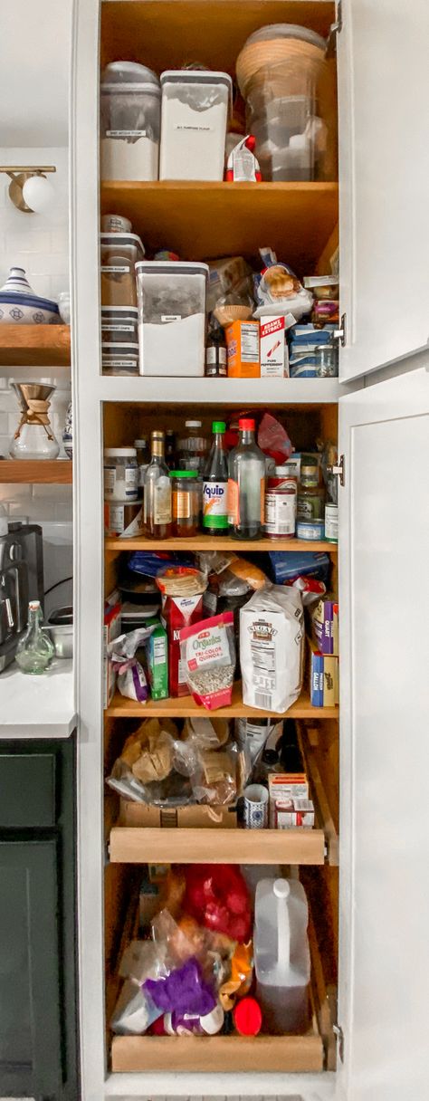 How To Organize Deep Pantry Cabinets, Tall Pantry Organization, Tall Cabinet Pantry Organization, How To Make A Pantry Out Of Cabinets, High End Pantry Organization, Organize Deep Pantry Cabinet Slim, Large Deep Kitchen Drawer Organization, Organizing A Deep Pantry Cabinet, Slim Pantry Organization