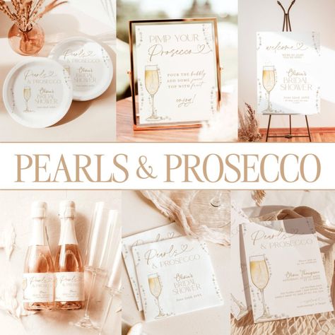 Pearls & Prosecco Bridal Shower, Bridal Brunch Sparkling Wine Label  Zazzle Pearls And Prosecco Bridal Shower Theme Decor, Pearls Bridal Shower Theme, Pearl Bridal Shower Theme, Bridal Shower Cocktails, Pearl Bridal Shower, Bridal Shower Champagne, Brunch Bubbly, Sparkling Wine Label, Bridal Shower Planning