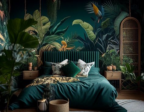 Bedroom Green Decor Ideas, Blue Green Black Bedroom, Emerald Green Earthy Bedroom, Green Bed Curtains, Bedroom Jungle Wallpaper, Forest Green Bedroom Color Palette, All Green Room Aesthetic, Jungle Guest Bedroom, Dark Green Bedroom With Plants