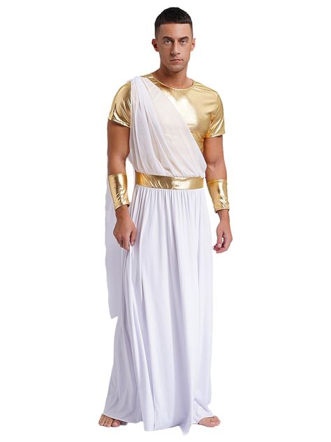 PRICES MAY VARY. Made of skin-friendly polyester blend, breathable and no-pilling, quality fabric ensures comfort all day wearing Men’s ancient Geek tunic is designed with short sleeve, chiffon layer from front to right shoulder, metallic shiny upper body Shoulder drape for classical retro look is sewn on the toga to prevent glide down. Comes with 1 pair of gloves for complete outfit Perfectly pairing with wreath and scepter for a complete ancient dress, like Zeus or other myth characters, let y Zeus Costume Men, Odysseus Costume, Greek Outfit Men, Greek God Costume Male, Zeus Costume, Roman Tunic, Greek Mythology Costumes, Rome Gladiator, God Costume