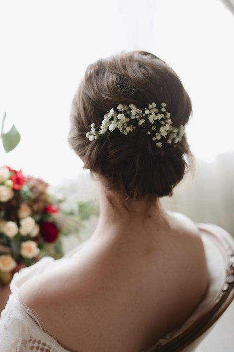 Bride Bun With Flowers, Bride Hair With Flowers, White Flowers In Hair, Flowers Hair Wedding, Persephone Wedding, White Hair Flowers, Gold And Burgundy Wedding, Elegant Elopement, Wedding Day Hair