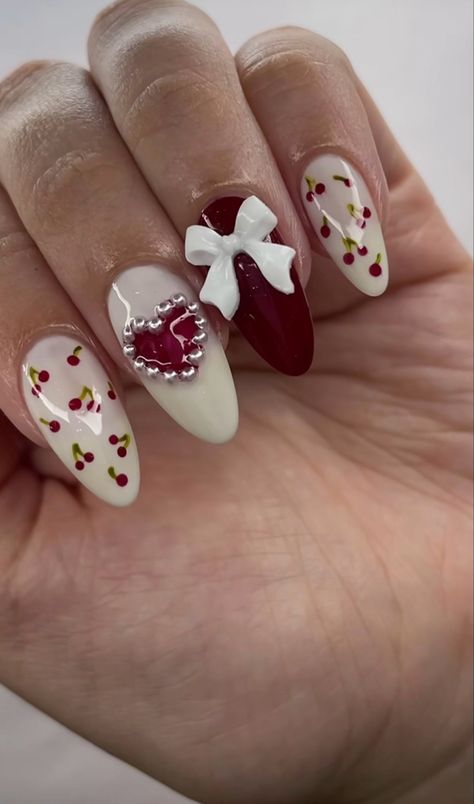 Bow Nail Designs, Nails Coquette, Bow Nails, Coquette Nails, Kutek Disney, Pink Chrome Nails, Wine Nails, Cute Simple Nails, Cherry Nails