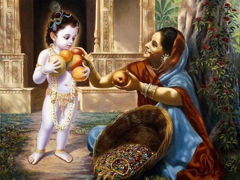 Lord Krishna's mercy on poor fruit seller Krishna Childhood, Krishna Ashtami, Iskcon Juhu, Childhood Images, Iskcon Krishna, Sri Radha, Little Krishna, Sri Sri, Baby Krishna