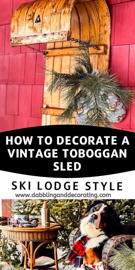 Tobaggon Decoration, Vintage Sled Decor, Tobaggon Christmas Decor, Toboggan Sled Decor, Christmas Sled Decoration Front Porches, Sled Decorating Ideas Diy, Tobaggan Decor, Snowshoe Decor, Ski Lodge Style