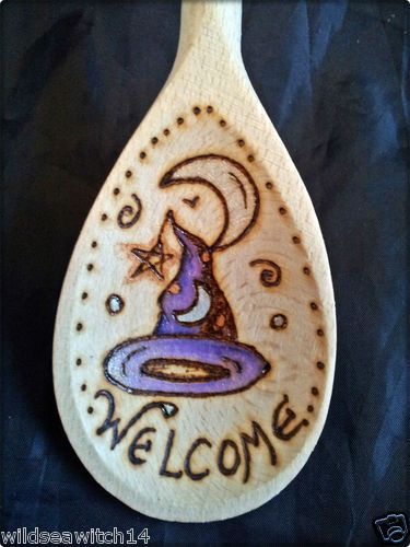 Witches Spoon, Witch Spoon, Kitchen Witches, Wood Burn Spoons, Wood Burning Stencils, Wood Burn Designs, Pagan Crafts, Spoon Crafts, Kitchen Witchery