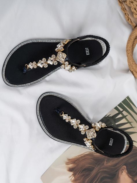 Rhinestone Decor Slingback Thong Sandals | SHEIN USA Rhinestone Sandals Flats, Sandals Shein, Bling Sandals, Women Flat Sandals, Pretty Sandals, Chain Decor, Crystal Sandals, Glamorous Party, Jeweled Sandals