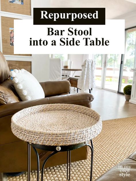 How to repurpose and transform a bar stool to become a woven top side table in a matter of minutes. No paint needed. Can be done with any style stool. Old Bar Stools Repurposed, Repurposed Bar Stool, Bar Stools Repurposed, Bar Stool Makeover, Unique Accent Tables, Diy Bar Stools, Saddle Bar Stools, Stool Makeover, Old Bar