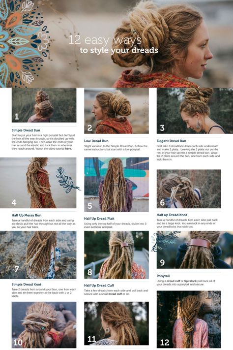 ✿ FREE ✿ PDF Download of 12 simple dreadlock hairstyles with descriptions. Dread hair tutorials. Sign up today! Mountain Dreads, Dreadlock Beads, Natural Dread Care and Dreadlock Accessories. www.mountaindreads.com  #dreadstyle #dreadlocks #dreadhair #dreadlockhairstyles #mountaindreads Half Dreaded Hair Short, Dreads With Extensions, Diy Dreadlocks Tutorials, Easy Dreadlock Hairstyles, Synthetic Dreads Styles, Types Of Dreadlocks, Half Dreaded Hair, Dread Care, Half Dreads