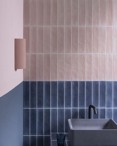 Pink Tile Bathroom, Pink Bathroom Tiles, Colourful Bathroom, Colorful Bathroom Tile, Blue Bathroom Tile, Mandarin Stone, Loft Bathroom, Stone Bathroom, Pink Tiles