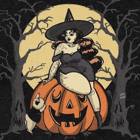 Plus Size Pinup Art, Plus Size Cartoon Art, Halloween Pin Up Art, Halloween Witch Drawing, Halloween Pinup Art, Halloween Pin Up, Witch Drawing, Plus Size Art, Fat Art