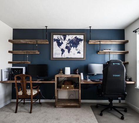 Office Dark Blue Accent Walls, Mens Office Wall Colors, Masculine Craft Room, Navy And Wood Office, Man Space Ideas, Blue And Grey Office Ideas, Dark Blue Accent Wall Office, Home Office Colors For Men, Mens Office Paint Colors