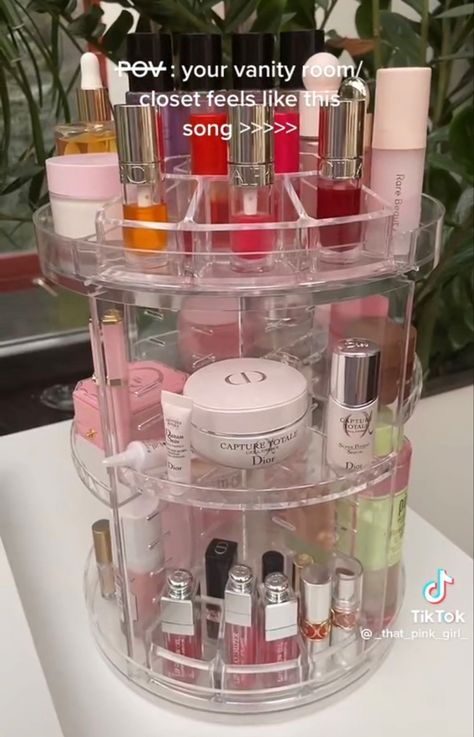 Makeup Orginazer, Victoria Secret Bedroom Ideas, Skincare Cupboard Aesthetic, Skincare Orginazer, Makeup Desk Aesthetic, Skincare Organiser Aesthetic, Rotating Makeup Organizer Aesthetic, Victoria Secret Bedroom, Makeup Cart