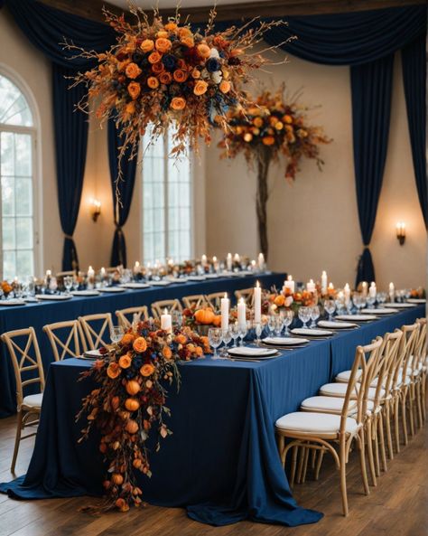 navy blue autumn wedding colour idea Cinnamon And Blue Wedding, Burnt Orange Navy And Cream Wedding, Navy Blue Burgundy And Burnt Orange Wedding, Orange And Dark Blue Wedding, Navy Cinnamon Wedding, Navy Burgundy Burnt Orange Wedding, Fall Wedding Colors With Navy Suits, Blue Teal Orange Color Palette, Navy And Gold Fall Wedding