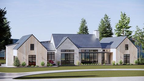 Modern Farm Floor Plans, German Farmhouse Plans, Modern Hill Country Exterior, Popular House Plans 2023, Open Floor Plans One Story, Acerage Homes Floor Plans, Modern Farmhouse Bungalow, Acerage Homes, Modern Scandinavian Farmhouse