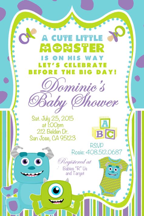 Monsters Inc. Baby Shower Invitation  For Custom Orders: j9autra@yahoo.com Monsters Inc Invitations, Monsters Inc Party, Monsters Inc Baby Shower, Monsters Inc Baby, Monster Baby Showers, Disney Baby Shower, Monster Inc, Baby Shower Invitaciones, Boy Baby Shower Themes