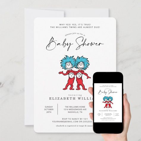 Thing 1 Thing 2  Blue Twins Baby Shower  Invitation  Zazzle Thing One Thing Two, Twins Baby Shower Invitations, Baby Sprinkle Invitations, Sprinkle Invitations, Twins Baby Shower, 2nd Baby, Twin Babies, Baby Sprinkle, Shower Design