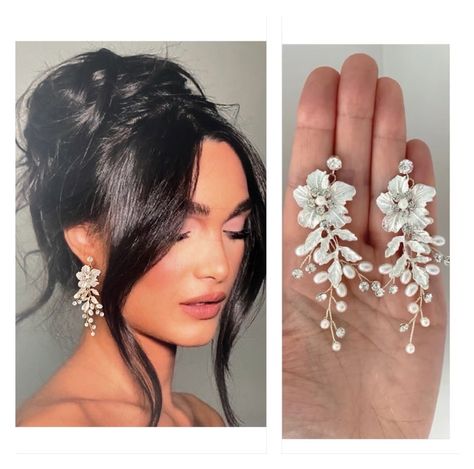 Trendy Wedding Flower Drop Earrings, Flower Decorated Drop Bridal Earrings, Statement Bridal Earrings, Formal Pearl White Flower Bridal Earrings, Glamorous Flower Shaped Wedding Earrings, Luxury Silver Floral Bridal Earrings, Bridal Dangle Earrings, Silver Earrings Wedding, Boho Wedding Earrings