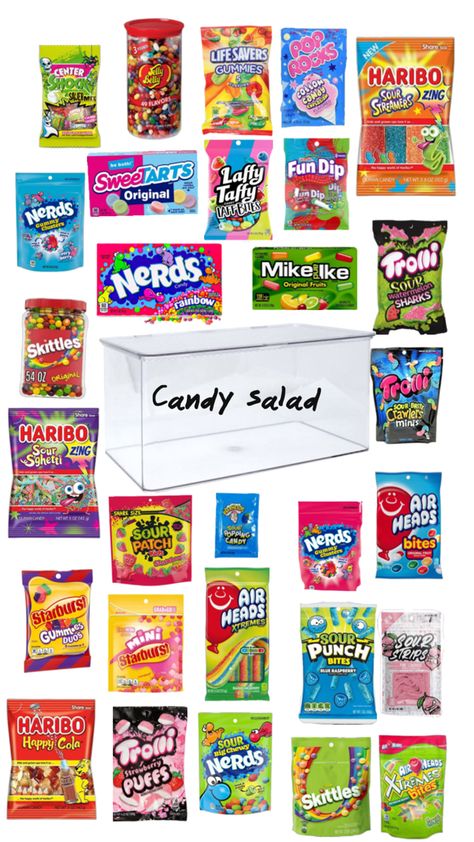 Candy salad!!🍭🍬 Candy For Candy Salad, Snacks To Get For A Sleepover, Summer Candy Salad, Candy Salad Sleepover, Candy Lady Neighborhood, Candy For Sleepovers, Candy Salad Recipe, Candy Salad Ideas, Candy Saled