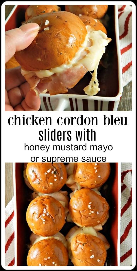 Party Food Chicken, Chicken Cordon Bleu Sliders, Cordon Bleu Sliders, Easy Chicken Sliders, Chicken Cordon Bleu Sandwich, Harvest Meals, Easy Chicken Cordon Bleu, Boxed Lunches, Cordon Blue