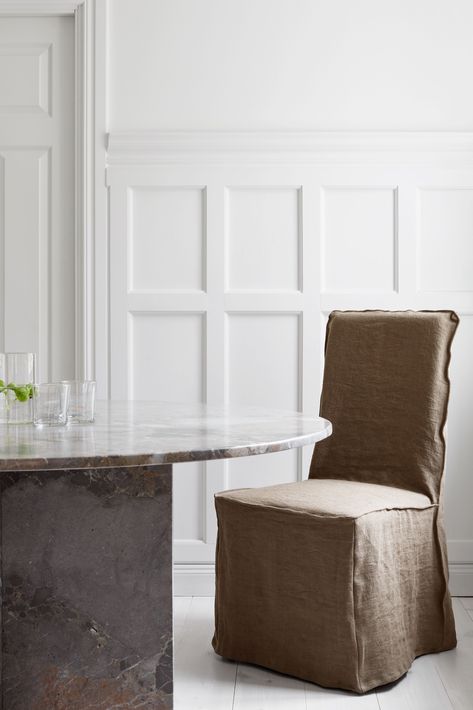 Dining Room With Slipcover Chairs, Simple Dining Area, Grey Marble Table, Henriksdal Chair Cover, Ikea Chair Cover, Scandi Aesthetic, Ikea Dining Chair, Pella Hedeby, Marble Tables Living Room