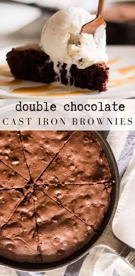 Cast Iron Skillet Double Chocolate Brownies - castironskilletcooking Skillet Brownies Cast Iron, Brownie Skillet Recipes, Cast Iron Skillet Cake Recipes, Cast Iron Deserts, Skillet Brownie Cast Iron, Cast Iron Brownies, Skillet Desserts Cast Iron, Cast Iron Skillet Recipes Dessert, Iron Skillet Desserts