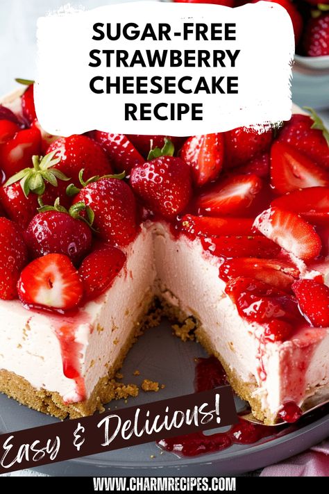 Enjoy a luscious Sugar-Free Strawberry Cheesecake that's simple, delicious, and creamy! This No-Bake dessert is perfect for those who want to satisfy their sweet tooth while keeping their calorie count down. With natural sweeteners and fresh strawberries, it delivers a delightful taste without the sugar. Ideal for gatherings, celebrations, or just a cozy night in, this cheesecake promises to impress without the guilt. Experience an easy kitchen creation designed for health-conscious dessert lovers everywhere! Sugarfree Cheesecake Recipes Sugar Free, Sugar Free Desserts For Diabetics Pie, Low Fat Cheesecake Recipes, Sugar Free Strawberry Dessert, Sugar Free No Bake Cheesecake, No Sugar Cheesecake, Low Sugar Cheesecake, Sugar Free Christmas Desserts, Sugar Free Cheesecake Recipe